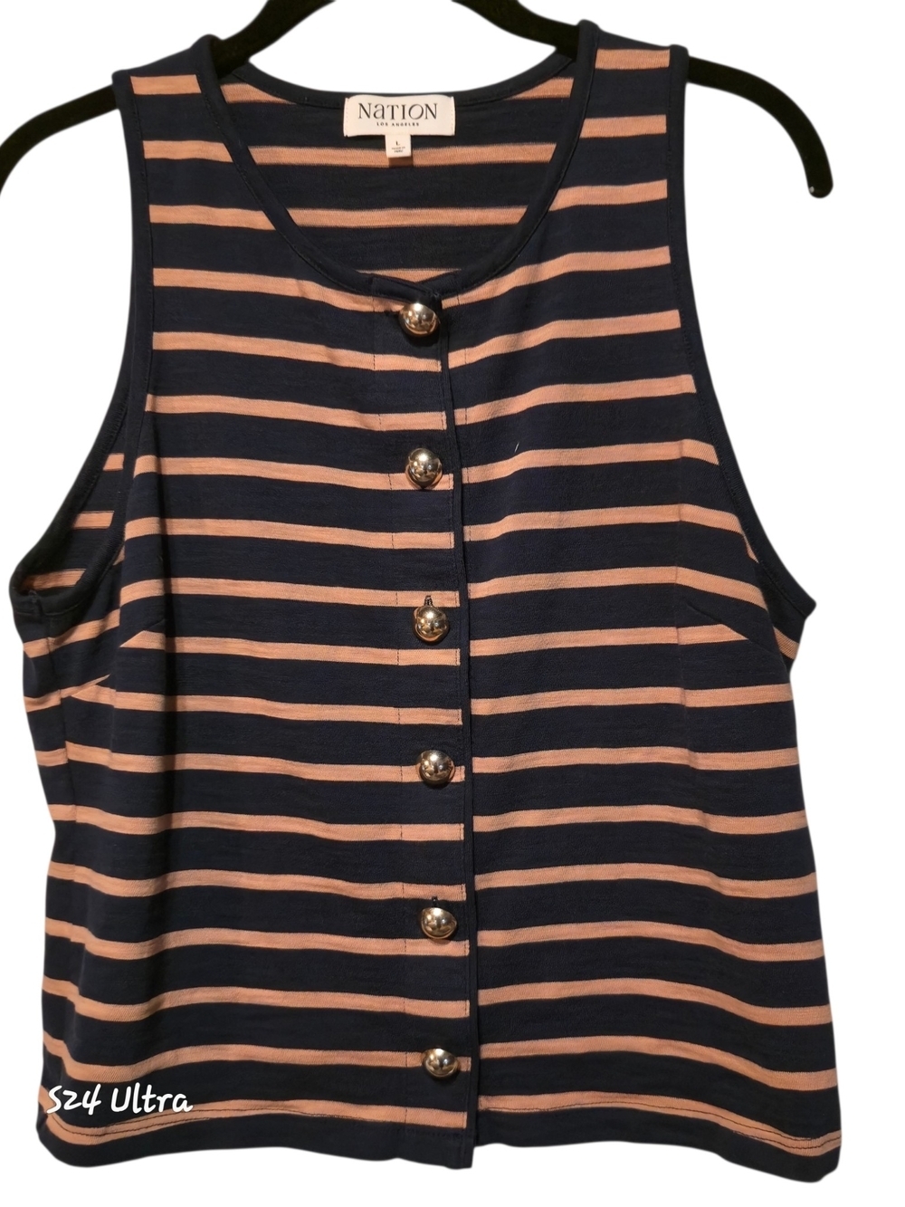 Striped Button-Front Tank in Navy and Peach